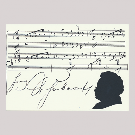 
        Front of silhouette, with man looking left, in the background musical stave, with the signature of the subject of the silhouette.